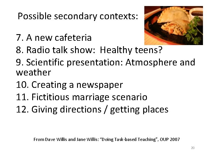 Possible secondary contexts: 7. A new cafeteria 8. Radio talk show: Healthy teens? 9.