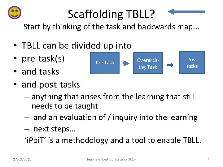 Scaffolding TBLL? Start by thinking of the task and backwards map. . . •