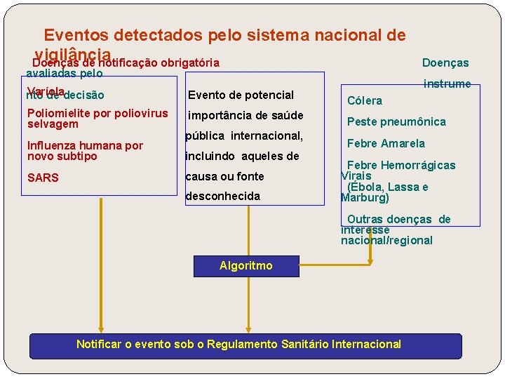  Eventos detectados pelo sistema nacional de vigilância Doenças de notificação obrigatória Doenças avaliadas