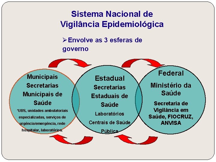 Sistema Nacional de Vigilância Epidemiológica ØEnvolve as 3 esferas de governo Municipais Secretarias Municipais