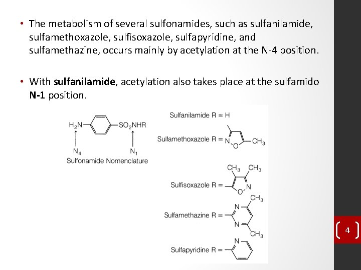  • The metabolism of several sulfonamides, such as sulfanilamide, sulfamethoxazole, sulfisoxazole, sulfapyridine, and