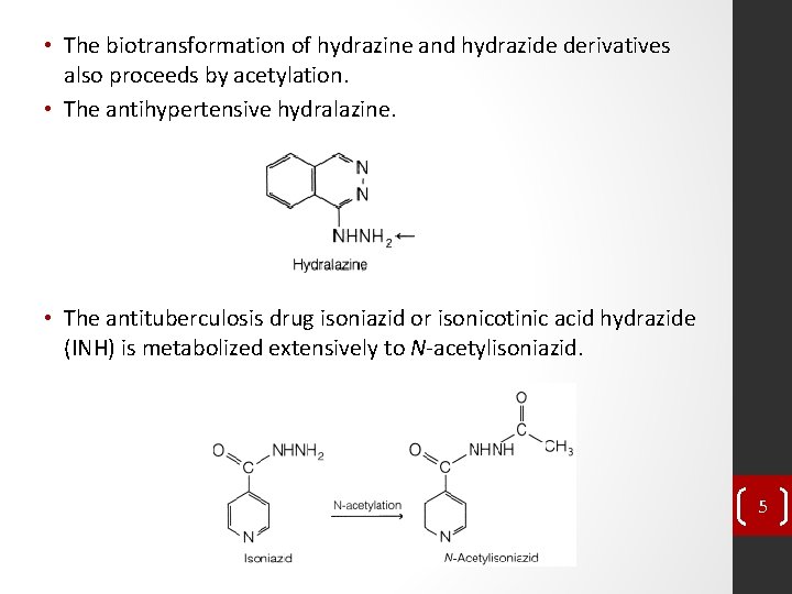  • The biotransformation of hydrazine and hydrazide derivatives also proceeds by acetylation. •