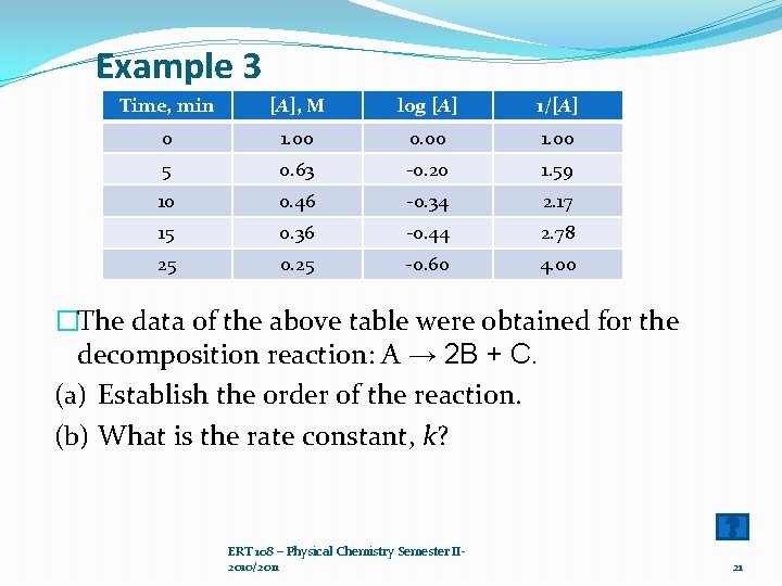 Example 3 Time, min [A], M log [A] 1/[A] 0 1. 00 0. 00