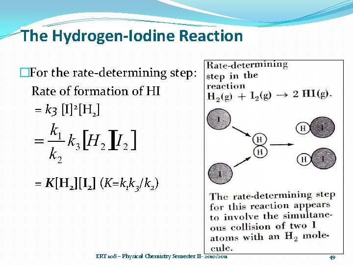 The Hydrogen-Iodine Reaction �For the rate-determining step: Rate of formation of HI = k The Hydrogen-Iodine Reaction �For the rate-determining step: Rate of formation of HI = k
