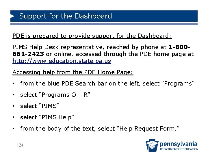 Support for the Dashboard PDE is prepared to provide support for the Dashboard: PIMS