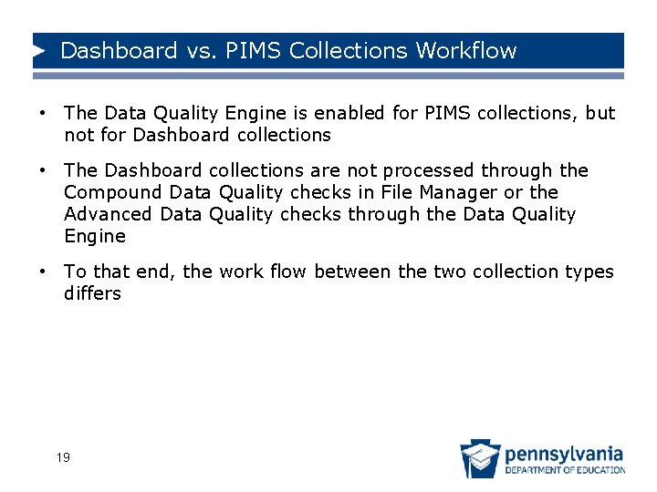 Dashboard vs. PIMS Collections Workflow • The Data Quality Engine is enabled for PIMS