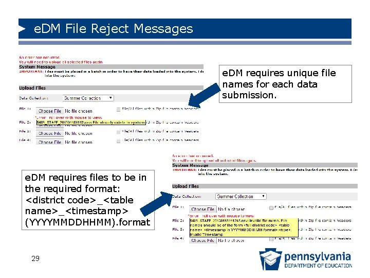 e. DM File Reject Messages e. DM requires unique file names for each data