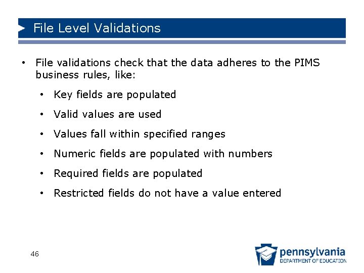 File Level Validations • File validations check that the data adheres to the PIMS