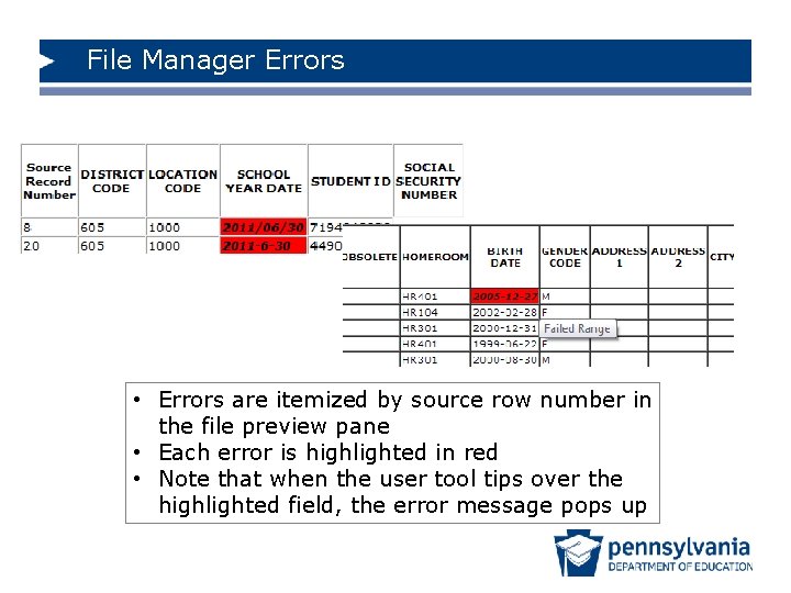 File Manager Errors • Errors are itemized by source row number in the file