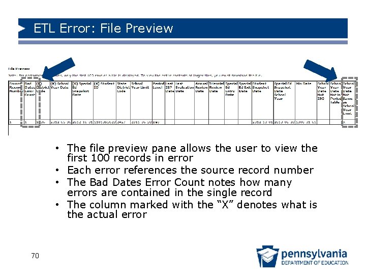 ETL Error: File Preview • The file preview pane allows the user to view