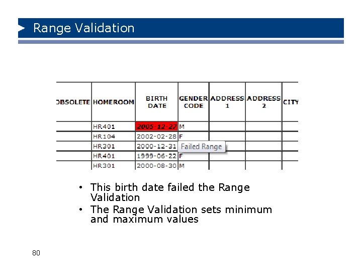 Range Validation • This birth date failed the Range Validation • The Range Validation