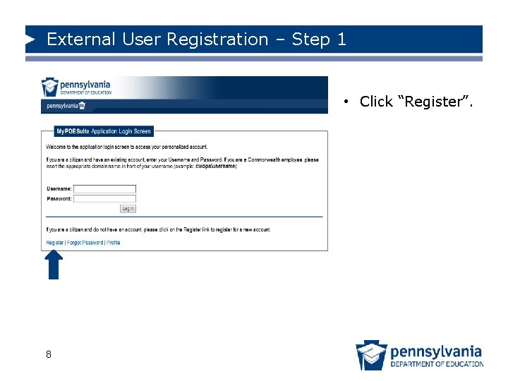 External User Registration – Step 1 • Click “Register”. 8 