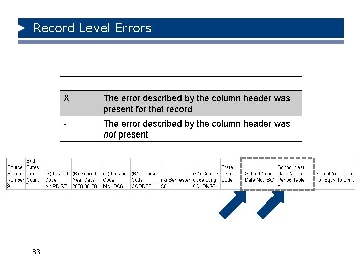 Record Level Errors 83 X The error described by the column header was present