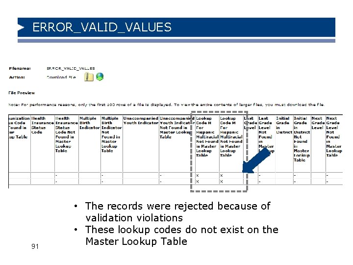 ERROR_VALID_VALUES 91 • The records were rejected because of validation violations • These lookup