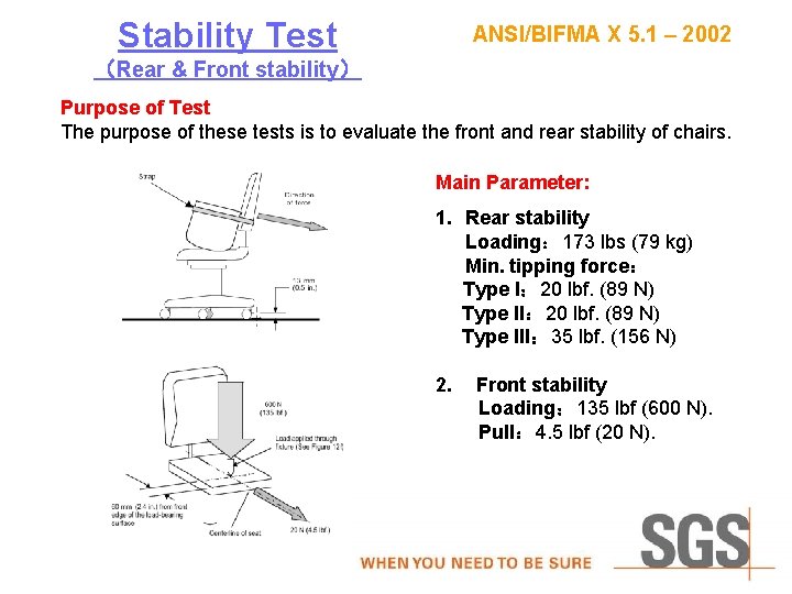 Stability Test ANSI/BIFMA X 5. 1 – 2002 （Rear & Front stability） Purpose of