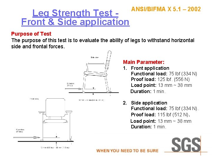 Leg Strength Test Front & Side application ANSI/BIFMA X 5. 1 – 2002 Purpose