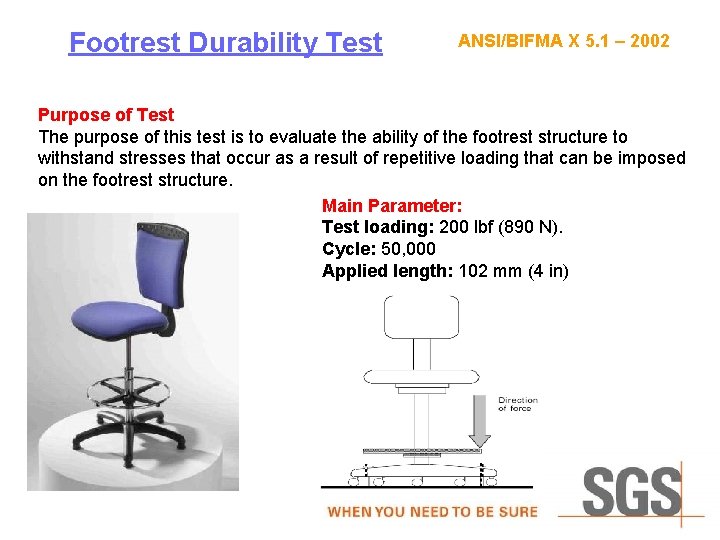 Footrest Durability Test ANSI/BIFMA X 5. 1 – 2002 Purpose of Test The purpose
