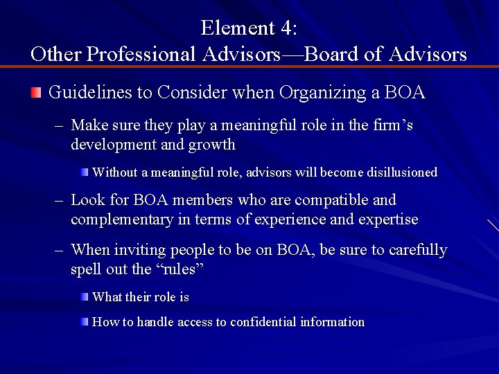 Element 4: Other Professional Advisors—Board of Advisors Guidelines to Consider when Organizing a BOA