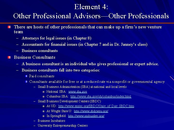 Element 4: Other Professional Advisors—Other Professionals There are hosts of other professionals that can