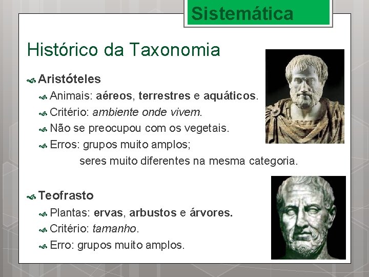 Sistemática Histórico da Taxonomia Aristóteles Animais: aéreos, terrestres e aquáticos. Critério: ambiente onde vivem.