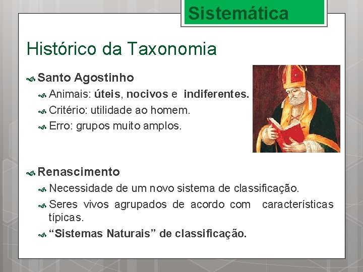 Sistemática Histórico da Taxonomia Santo Agostinho Animais: úteis, nocivos e indiferentes. Critério: utilidade ao