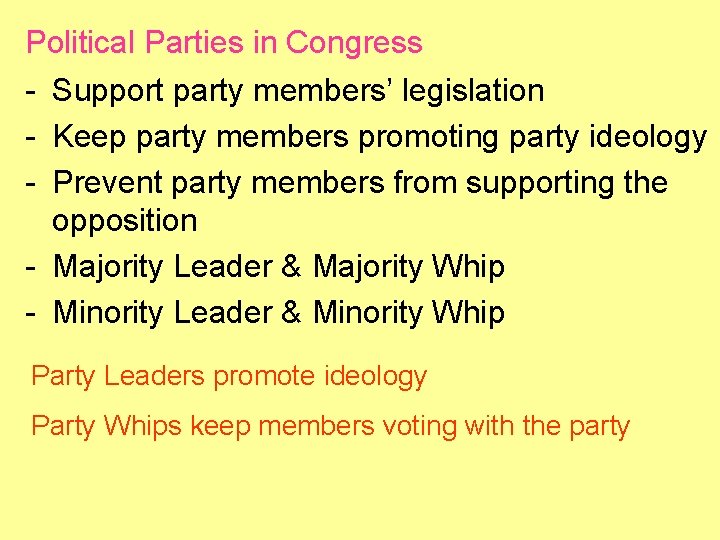 Political Parties in Congress - Support party members’ legislation - Keep party members promoting