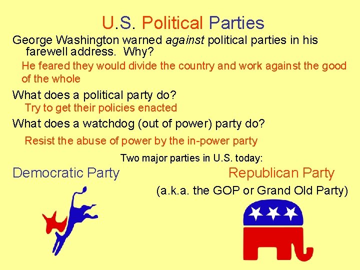 U. S. Political Parties George Washington warned against political parties in his farewell address.