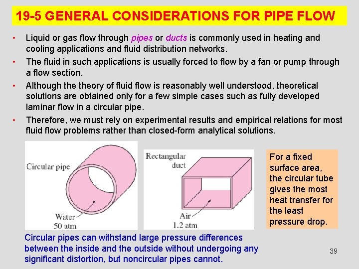 19 -5 GENERAL CONSIDERATIONS FOR PIPE FLOW • • Liquid or gas flow through