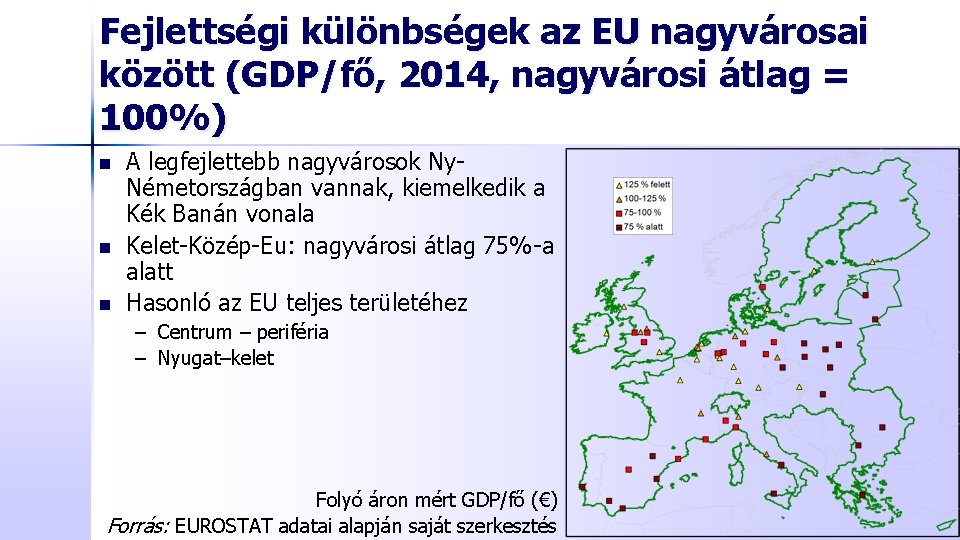 Fejlettségi különbségek az EU nagyvárosai között (GDP/fő, 2014, nagyvárosi átlag = 100%) n n