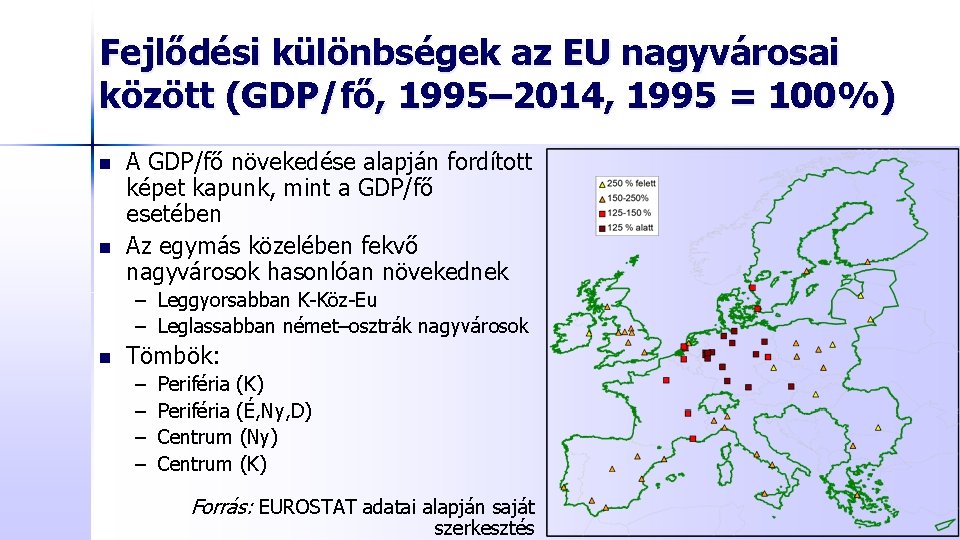 Fejlődési különbségek az EU nagyvárosai között (GDP/fő, 1995– 2014, 1995 = 100%) n n
