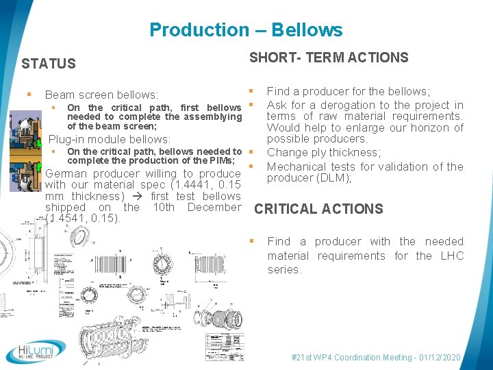 Production – Bellows SHORT- TERM ACTIONS STATUS § Beam screen bellows: § § Plug-in