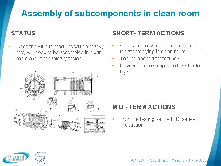 Assembly of subcomponents in clean room SHORT- TERM ACTIONS STATUS § Once the Plug-in