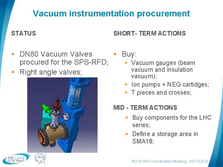 Vacuum instrumentation procurement SHORT- TERM ACTIONS STATUS § DN 80 Vacuum Valves § Buy: