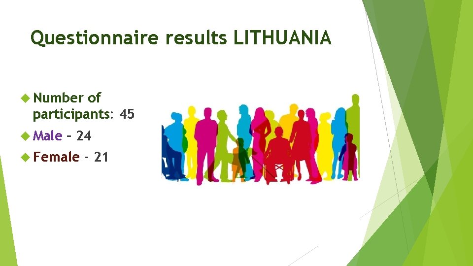 Questionnaire results LITHUANIA Number of participants: 45 Male – 24 Female - 21 