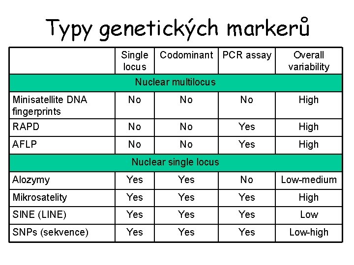 Typy genetických markerů Single locus Codominant PCR assay Overall variability Nuclear multilocus Minisatellite DNA