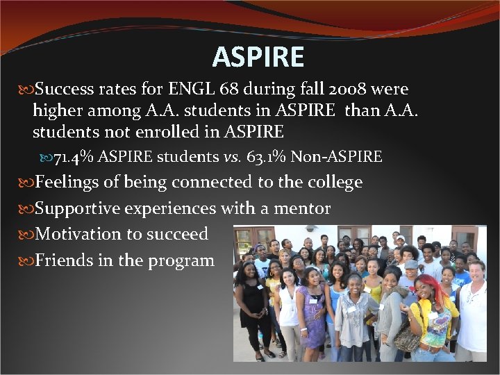 ASPIRE Success rates for ENGL 68 during fall 2008 were higher among A. A.