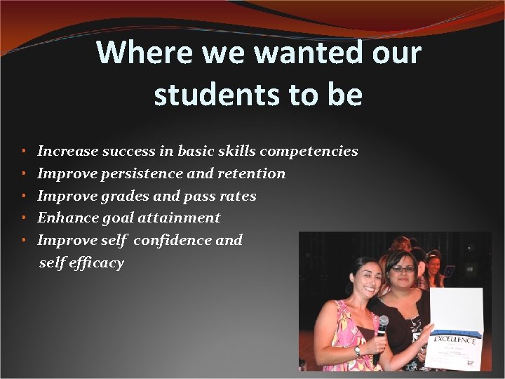 Where we wanted our students to be • • • Increase success in basic