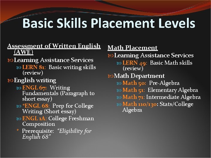 Basic Skills Placement Levels Assessment of Written English (AWE) Learning Assistance Services LERN 81: