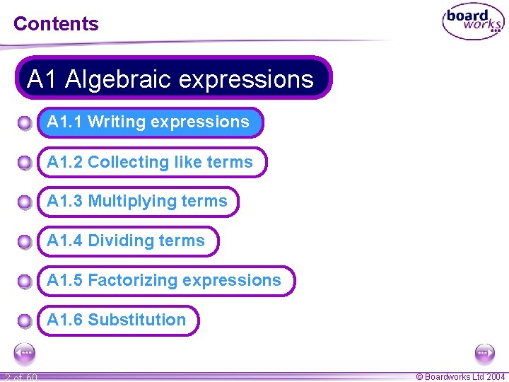 Contents A 1 Algebraic expressions A 1. 1 Writing expressions A 1. 2 Collecting