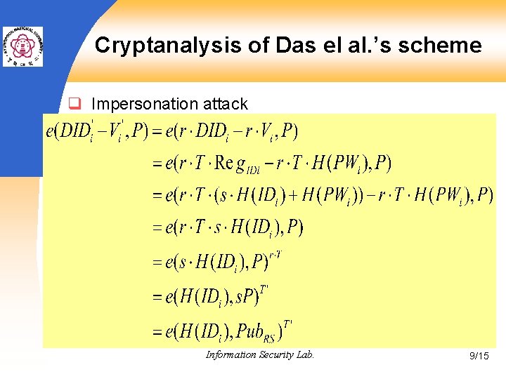 Cryptanalysis of Das el al. ’s scheme q Impersonation attack { IDi, DID’i, V’i,