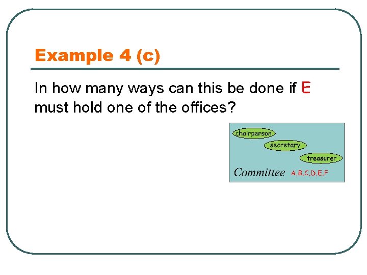 Example 4 (c) In how many ways can this be done if E must