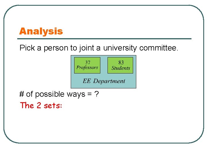 Analysis Pick a person to joint a university committee. # of possible ways =