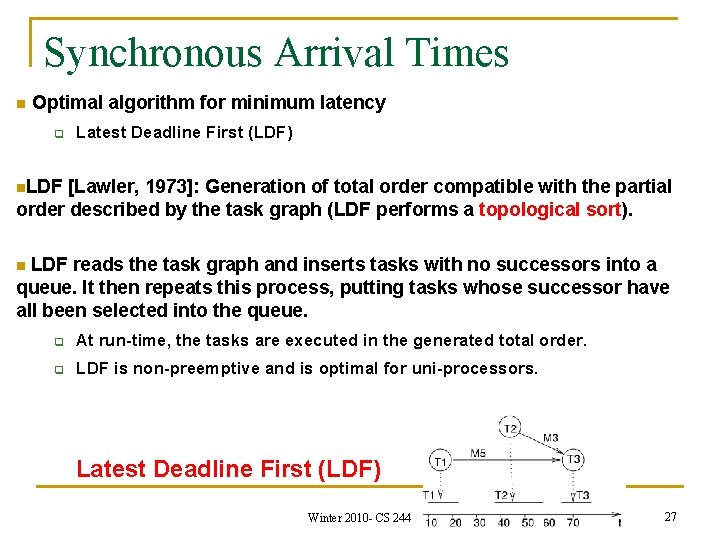 Synchronous Arrival Times n Optimal algorithm for minimum latency q Latest Deadline First (LDF)