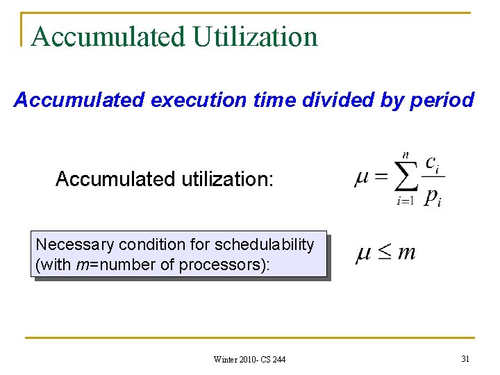 Accumulated Utilization Accumulated execution time divided by period Accumulated utilization: Necessary condition for schedulability