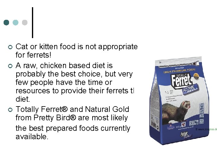 ¢ ¢ ¢ Cat or kitten food is not appropriate for ferrets! A raw,