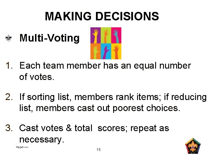 MAKING DECISIONS Multi-Voting 1. Each team member has an equal number of votes. 2.