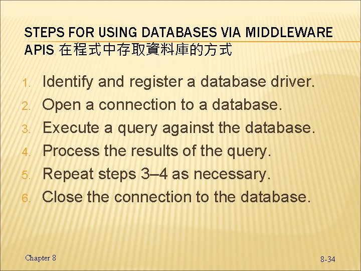 STEPS FOR USING DATABASES VIA MIDDLEWARE APIS 在程式中存取資料庫的方式 1. 2. 3. 4. 5. 6. STEPS FOR USING DATABASES VIA MIDDLEWARE APIS 在程式中存取資料庫的方式 1. 2. 3. 4. 5. 6.