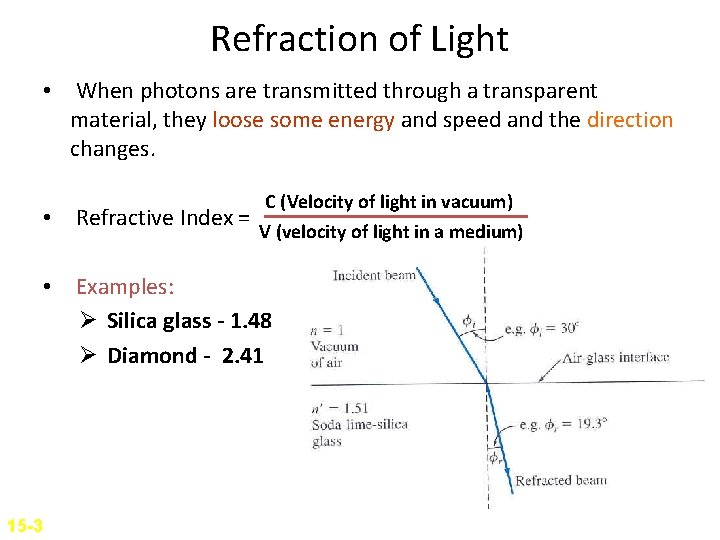 Refraction of Light • When photons are transmitted through a transparent material, they loose