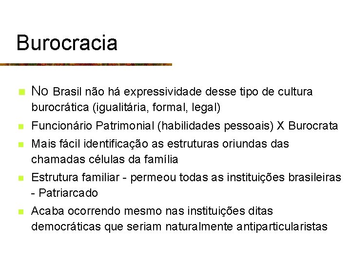 Burocracia n No Brasil não há expressividade desse tipo de cultura burocrática (igualitária, formal,
