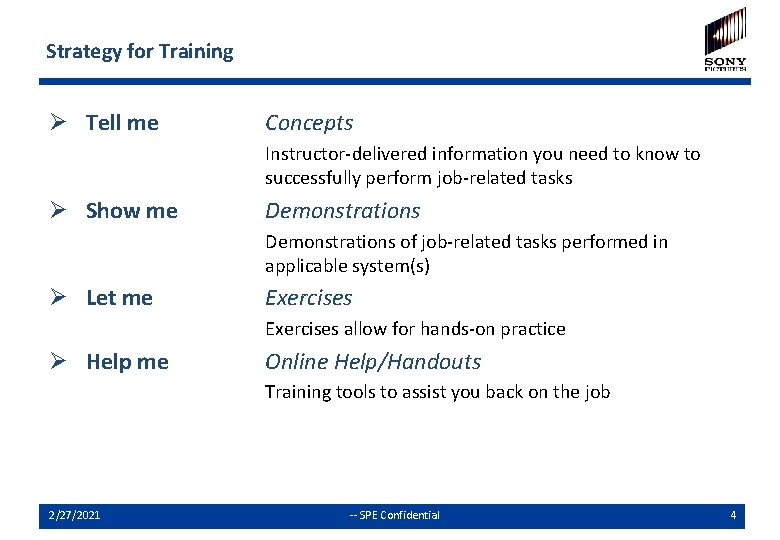 Strategy for Training Ø Tell me Concepts Instructor-delivered information you need to know to